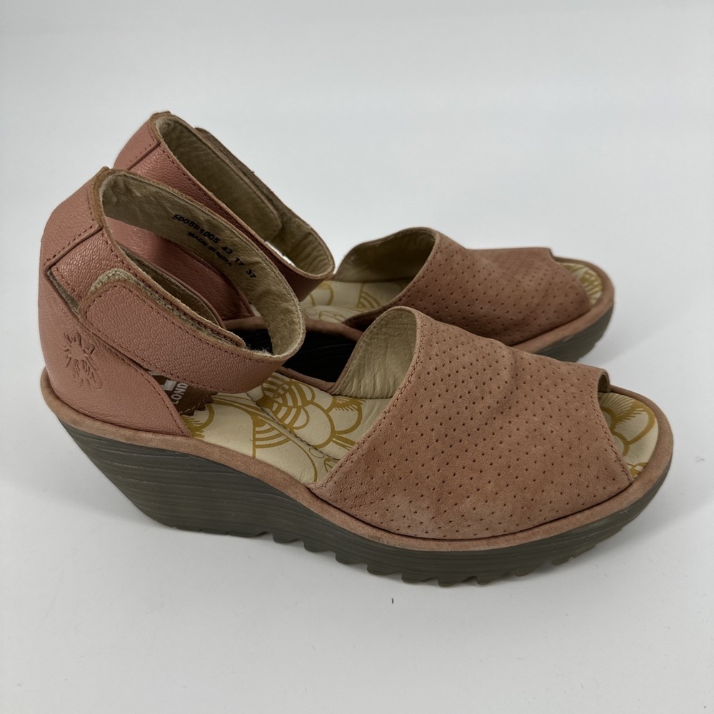 FLY London Yake Rose Perforated Leather Wedge Women Sandals Size US  6.5